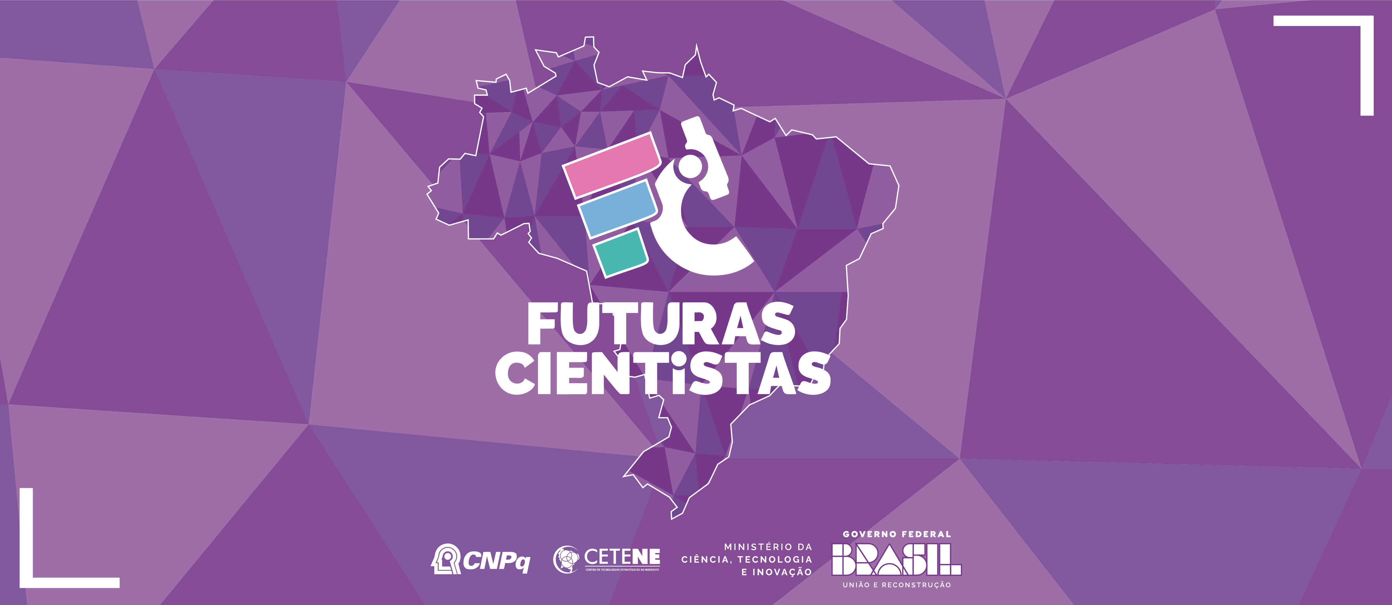 card lilás com o mapa do brasil em sobretom na cor roxo mais escuro e com sigla FC e embaixo escrito em braco: Futuras Cientistas e no rodapé da imagem os logos do CNPq, MCTI e CETENE